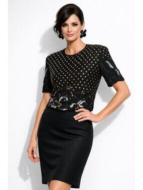 Vintage Papell Boutique Evening Women XL Black Silk Beaded Sequin Blouse Formal